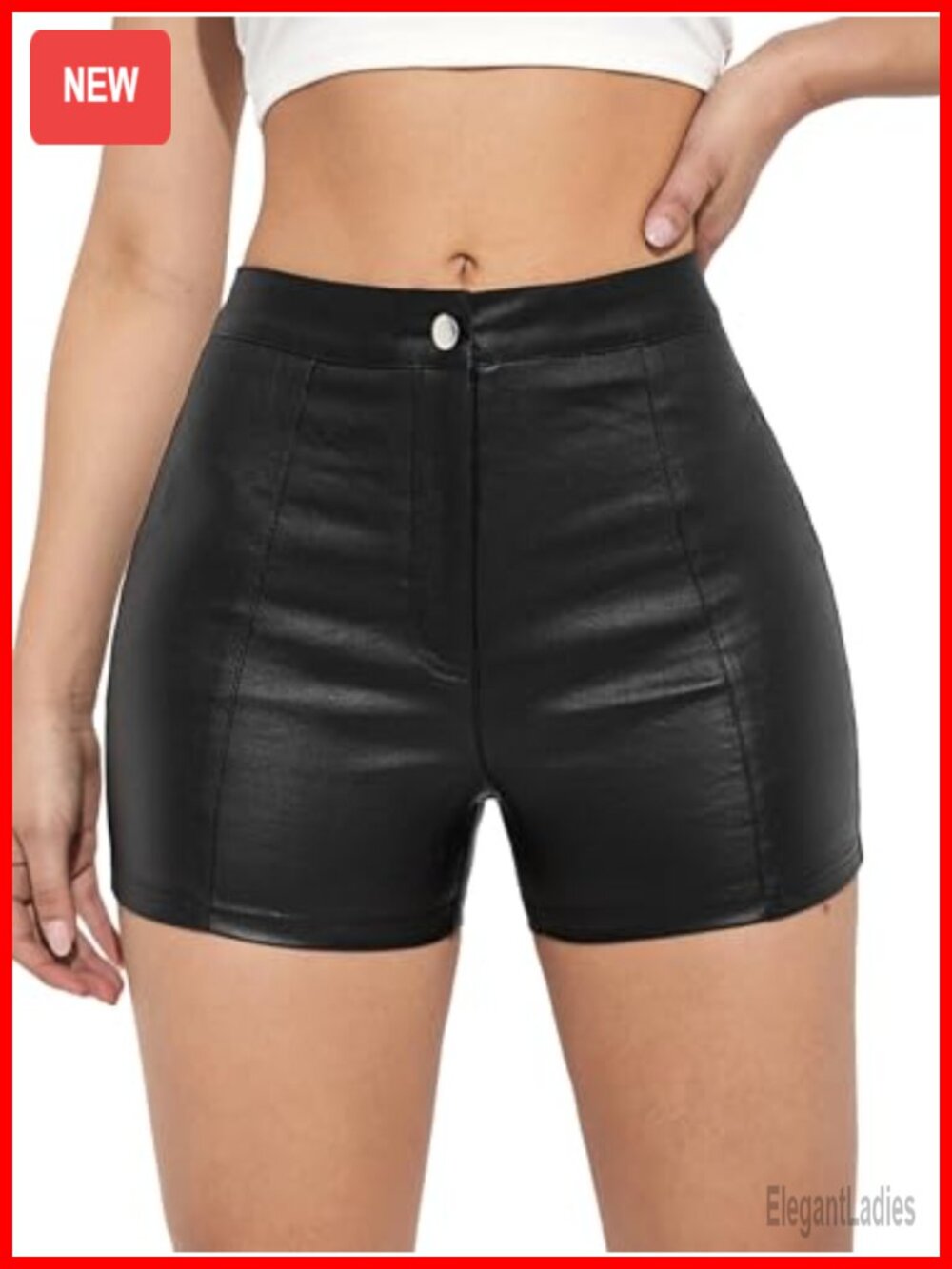 Faux Leather High Waist Straight Leg Skinny Stretch Denim Shorts
